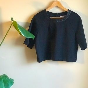 Cropped (faux) leather trimmed black tee